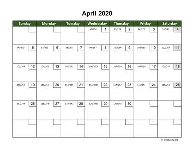 April 2020 Calendar with Day Numbers