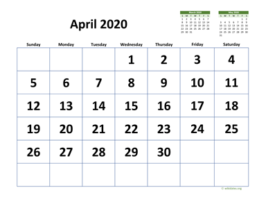 April 2020 Calendar with Extra-large Dates