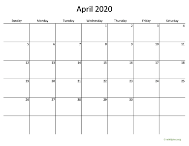 April 2020 Calendar with Bigger boxes