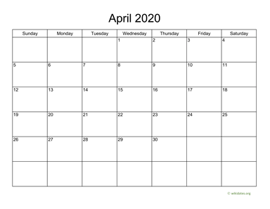 Basic Calendar for April 2020