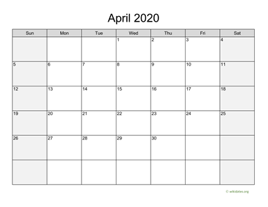 April 2020 Calendar with Weekend Shaded