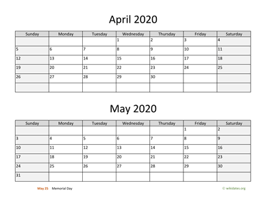 April and May 2020 Calendar Horizontal