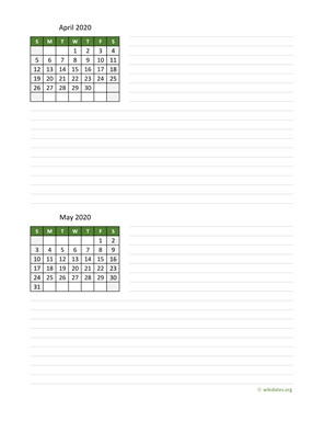 April and May 2020 Calendar with Notes