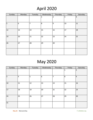 April and May 2020 Calendar Vertical