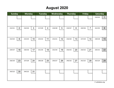 August 2020 Calendar with Day Numbers