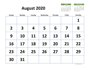 August 2020 Calendar with Extra-large Dates
