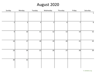 August 2020 Calendar with Bigger boxes