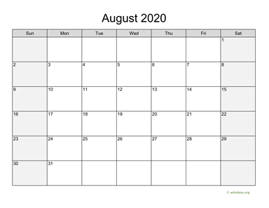 August 2020 Calendar with Weekend Shaded