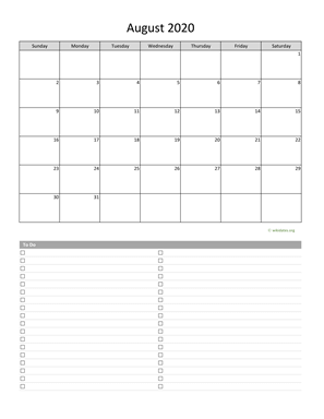 August 2020 Calendar with To-Do List