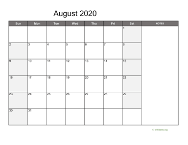 August 2020 Calendar with Notes