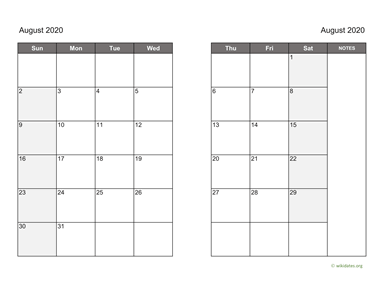 August 2020 Calendar on two pages