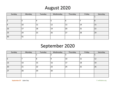 August and September 2020 Calendar Horizontal