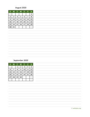 August and September 2020 Calendar with Notes