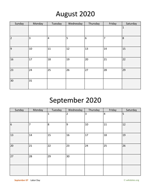 August and September 2020 Calendar Vertical