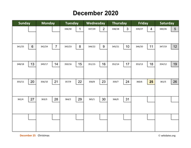December 2020 Calendar with Day Numbers