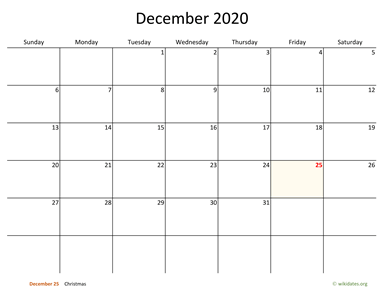 December 2020 Calendar with Bigger boxes