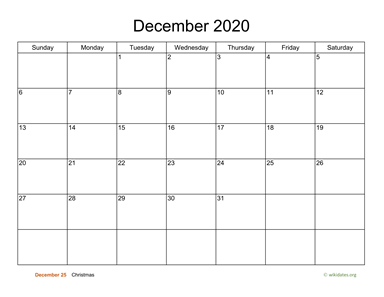 Basic Calendar for December 2020