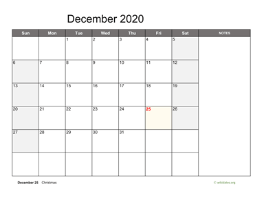 December 2020 Calendar with Notes