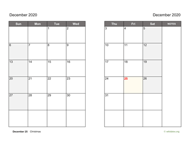 December 2020 Calendar on two pages