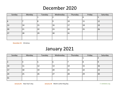 December 2020 and January 2021 Calendar Horizontal