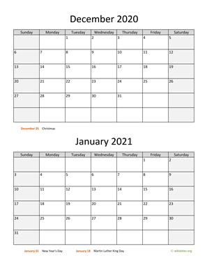 December 2020 and January 2021 Calendar Vertical