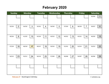 February 2020 Calendar with Day Numbers