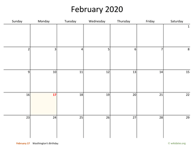 February 2020 Calendar with Bigger boxes