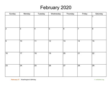 Basic Calendar for February 2020