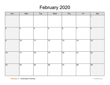 February 2020 Calendar with Weekend Shaded