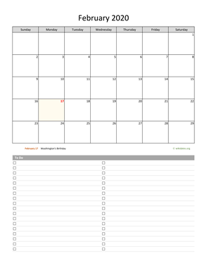 February 2020 Calendar with To-Do List