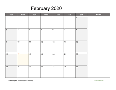 February 2020 Calendar with Notes