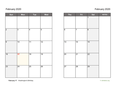 February 2020 Calendar on two pages