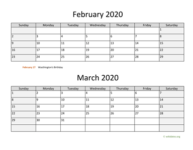 February and March 2020 Calendar Horizontal