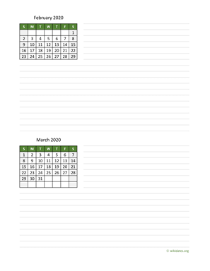 February and March 2020 Calendar with Notes