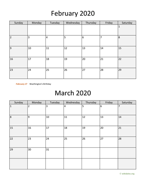 February and March 2020 Calendar Vertical