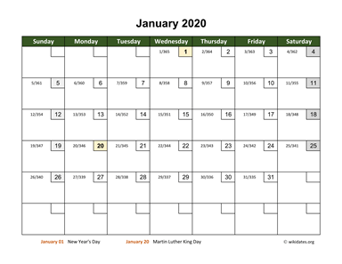 January 2020 Calendar with Day Numbers