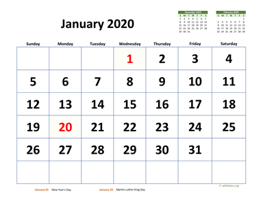 January 2020 Calendar with Extra-large Dates