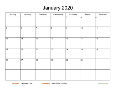 Basic Calendar for January 2020