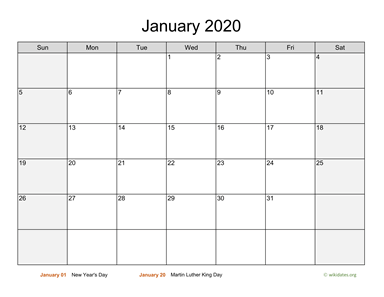 January 2020 Calendar with Weekend Shaded