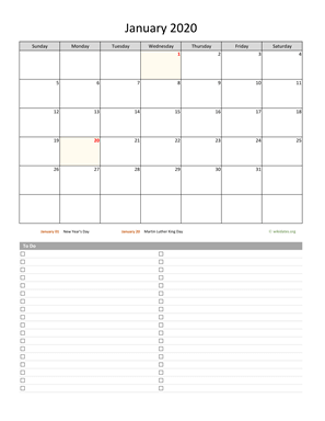 January 2020 Calendar with To-Do List