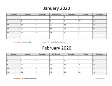 January and February 2020 Calendar Horizontal