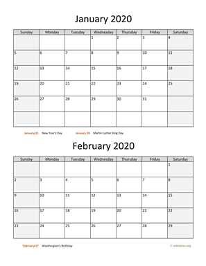 January and February 2020 Calendar Vertical