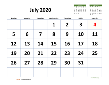 July 2020 Calendar with Extra-large Dates