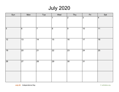 July 2020 Calendar with Weekend Shaded