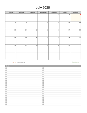 July 2020 Calendar with To-Do List