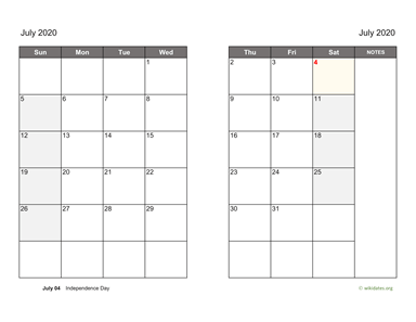 July 2020 Calendar on two pages