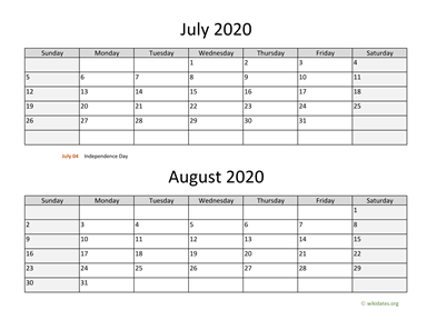 July and August 2020 Calendar Horizontal