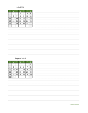 July and August 2020 Calendar with Notes