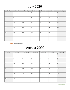 July and August 2020 Calendar Vertical