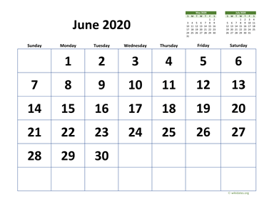 June 2020 Calendar with Extra-large Dates